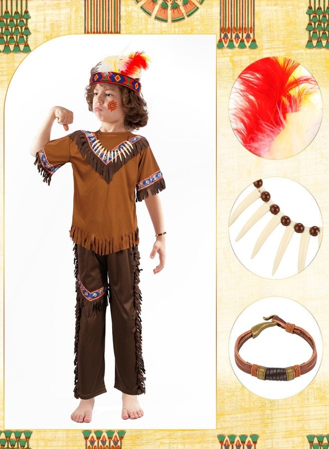 Liitrsh 6 Pcs Halloween Boys Native American Costume Sets Kids Indian Dress Up Costume Outfits Fancy Party Cosplay(Medium) - Image 3